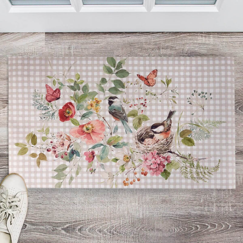 Chickadees And Gingham Rug