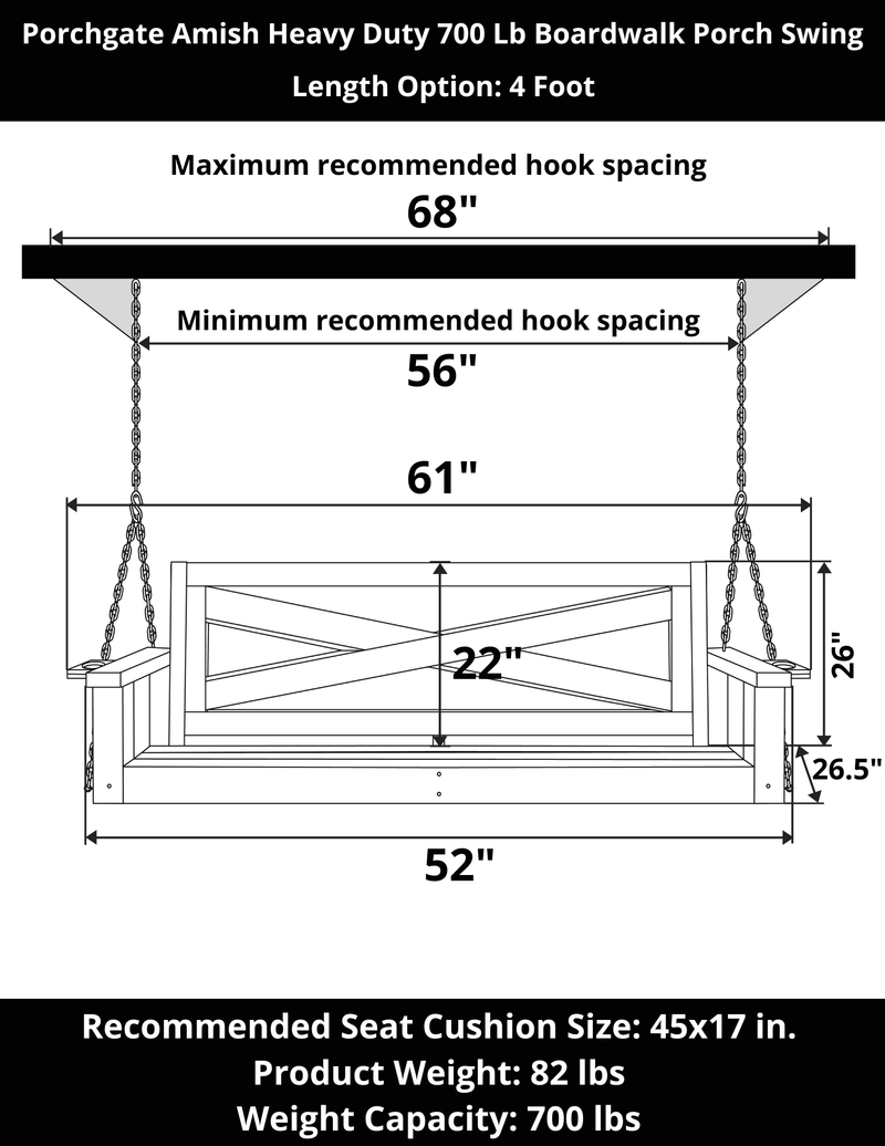 Porchgate Amish Heavy Duty 700 Lb 4-Foot Boardwalk Porch Swing - Tricorn Black