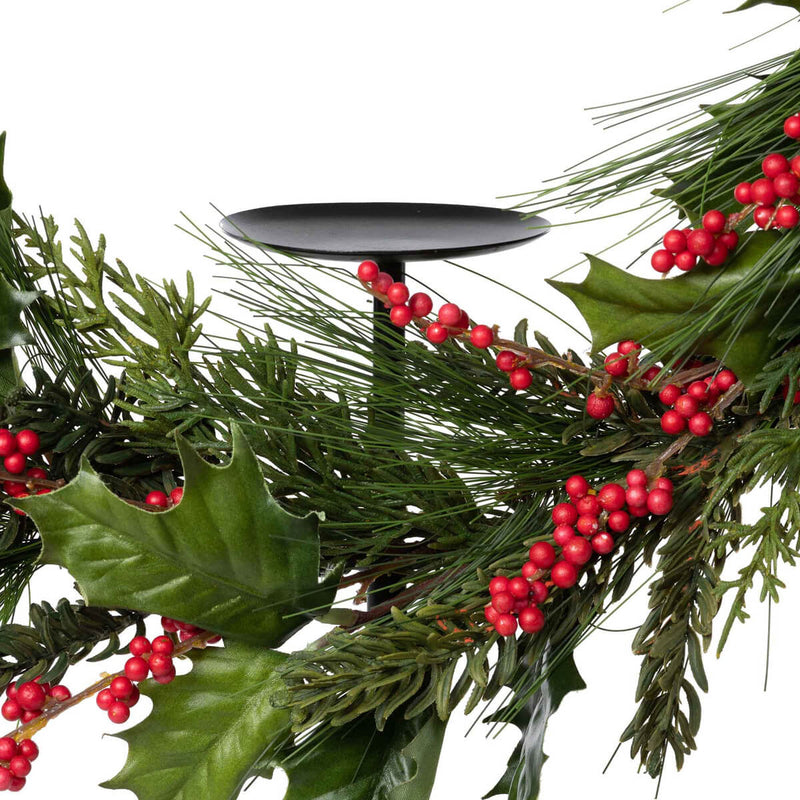 Pine and Holly Wreath on Candle Stand