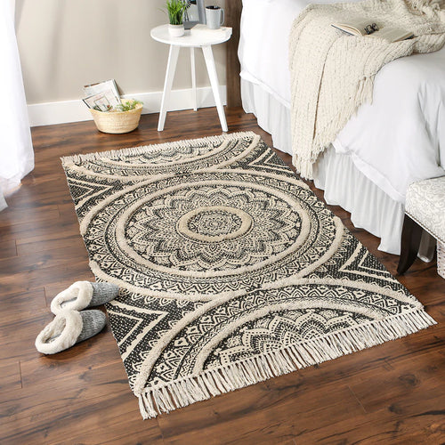 Black Printed Natural Hand-Loomed Shag Rug Welcome Home By DII
