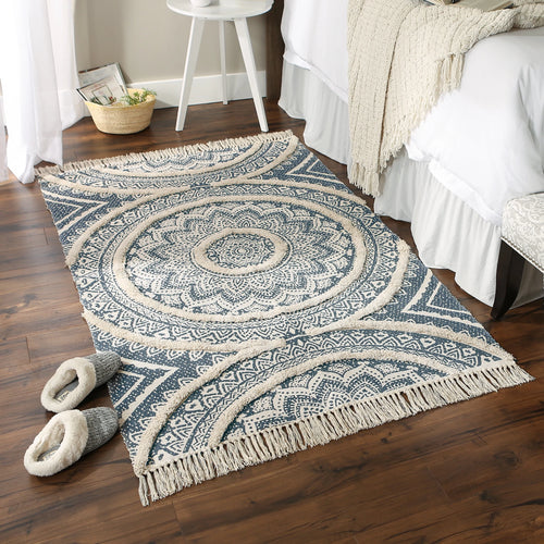French Blue Printed Natural Hand-Loomed Shag Rug Welcome Home By DII