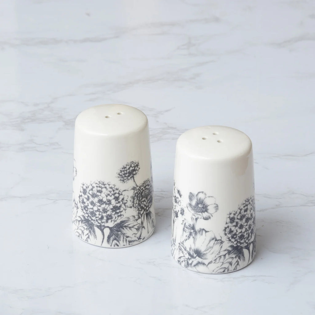 Black and White Botanical Salt and Pepper Shakers | Vintage Crossroads