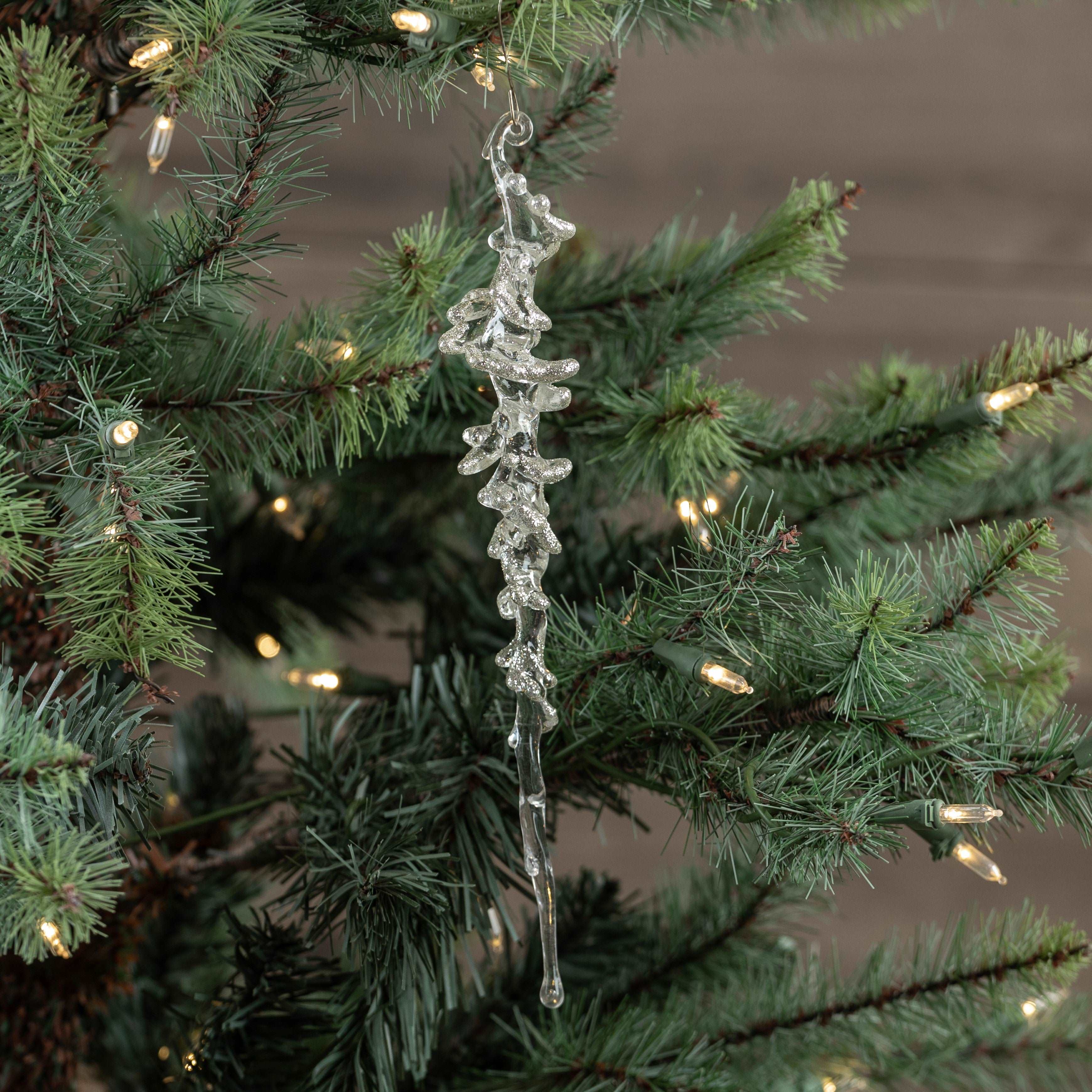 Clear Icicle Ornament With Silver Glitter | Vintage Crossroads